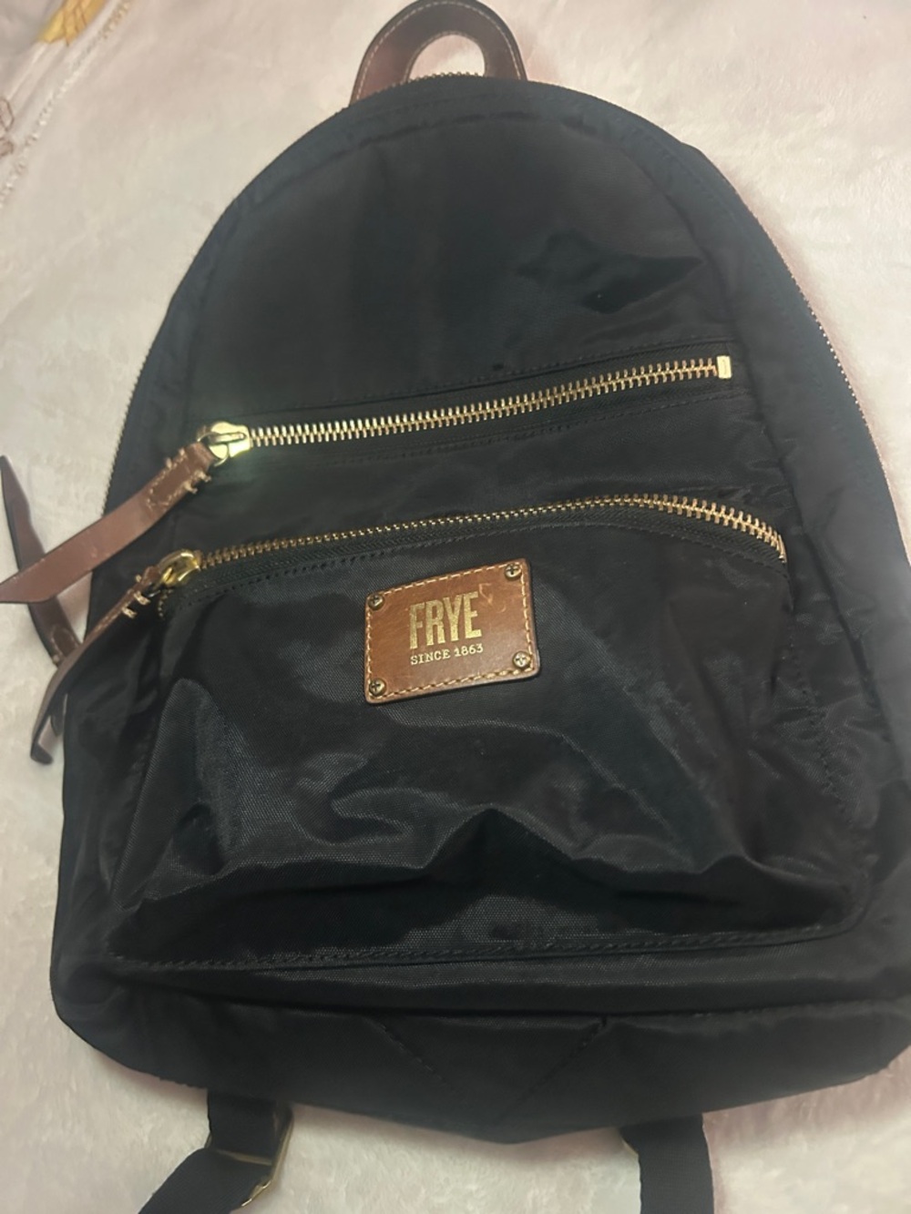 Frye Black Nylon Backpack with Brown Leather Accents and Gold Hardware